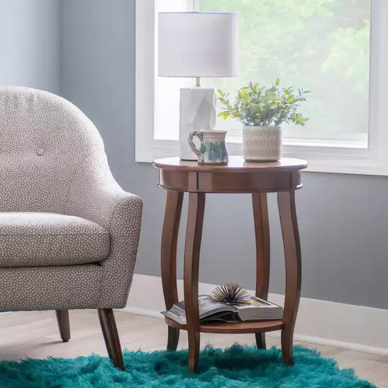 Round Accent Table with Lower Shelf – White, Pine and MDF