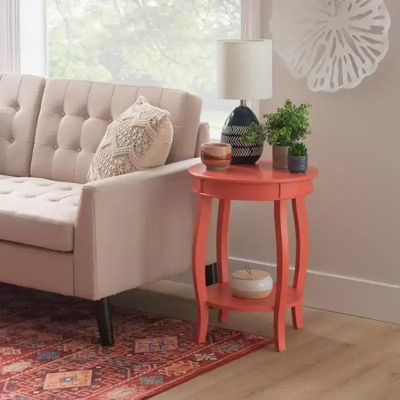 Round Accent Table with Lower Shelf – White, Pine and MDF