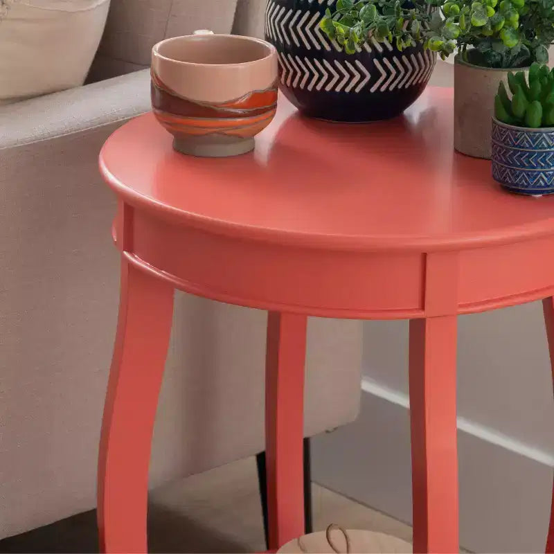 Round Accent Table with Lower Shelf – White, Pine and MDF