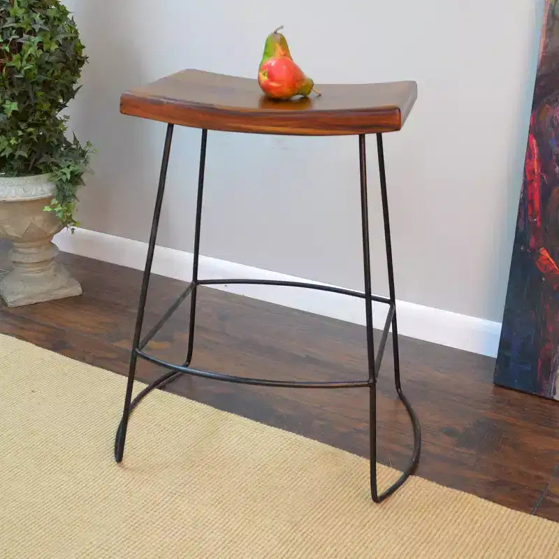 Set of 2 Saddle Seat Counter Height Barstools – Mango Wood, Black Metal