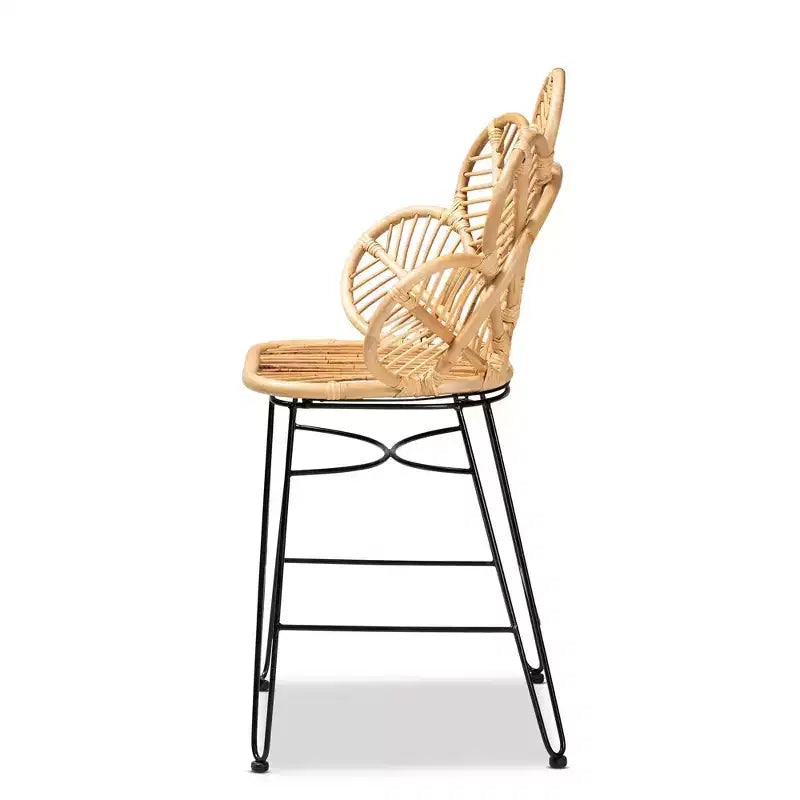 Rattan and Metal Bohemian Counter Height Barstool – Natural/Black, 24.5"