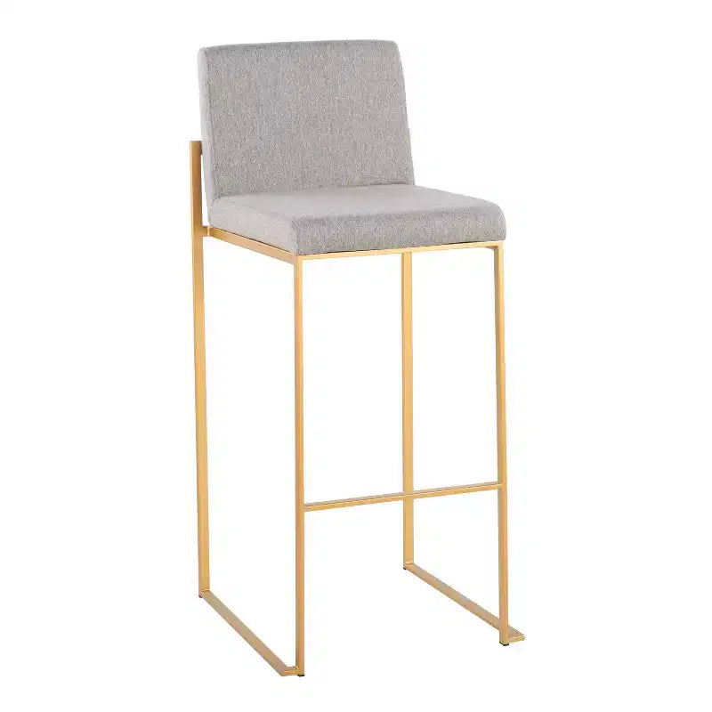 Set of 2 High Back Upholstered Barstools – Gold Frame, Gray Fabric