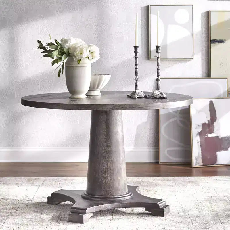 Round Pedestal Dining Table in Weathered Gray – Seats 4