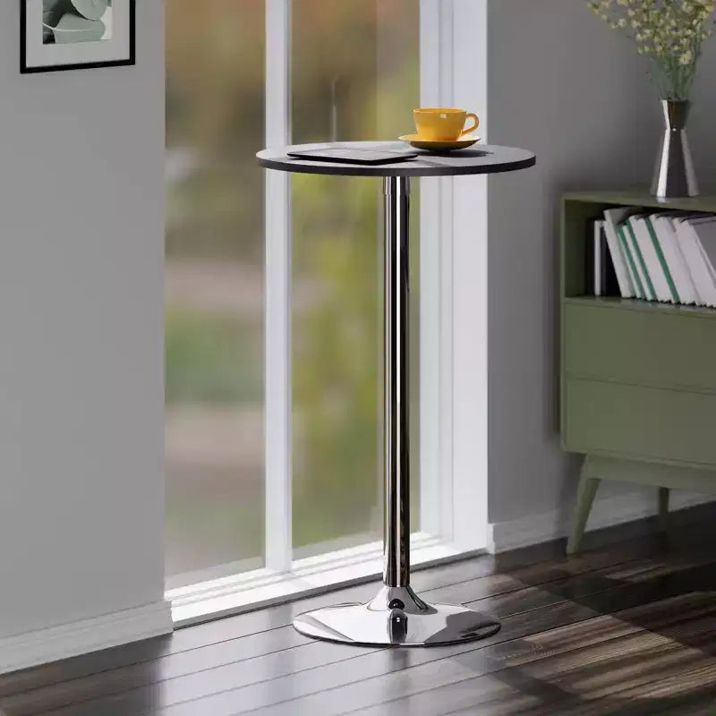 24-Inch Round Bar Height Pub Table – Black MDF Top, Chrome Pedestal Base