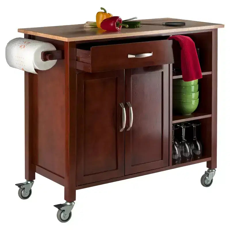 Mobile Kitchen Cart with 3 Shelves, Drawer, Cabinet and Towel Rack – Walnut