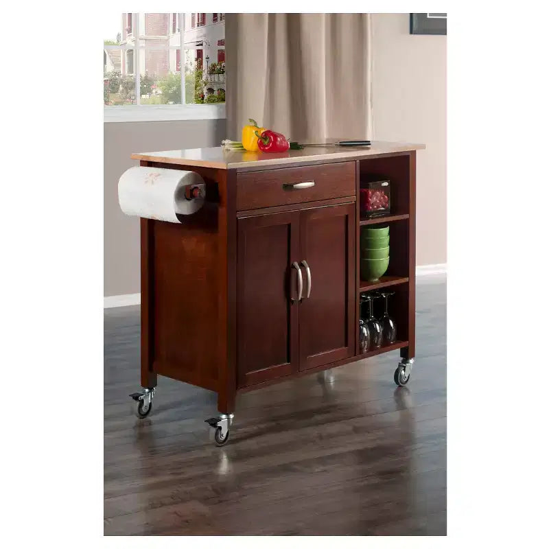 Mobile Kitchen Cart with 3 Shelves, Drawer, Cabinet and Towel Rack – Walnut