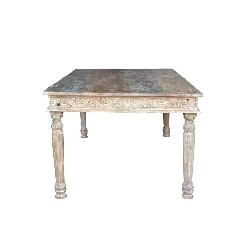 83-Inch Reclaimed Wood Carved Dining Table – Seats 8, Rustic Vintage
