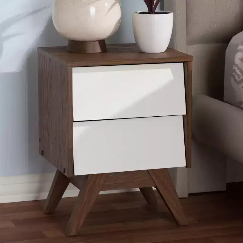 Mid-Century Modern 2-Drawer Nightstand with Splayed Legs