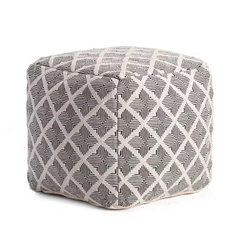 Square Geometric Handmade Pouf Ottoman – Black and Ivory, Fair Trade