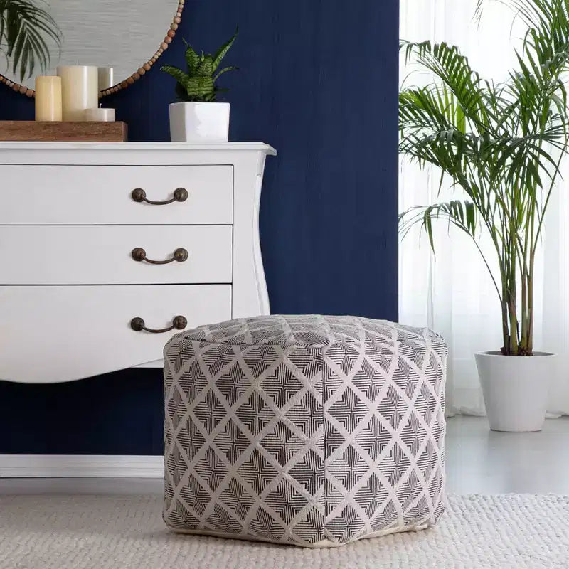 Square Geometric Handmade Pouf Ottoman – Black and Ivory, Fair Trade