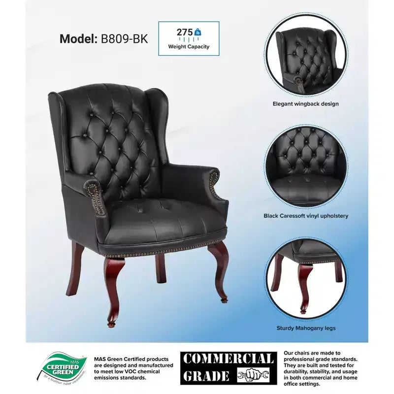 Wingback Traditional Guest Chair with Tufted Back and Nailhead Trim – Black