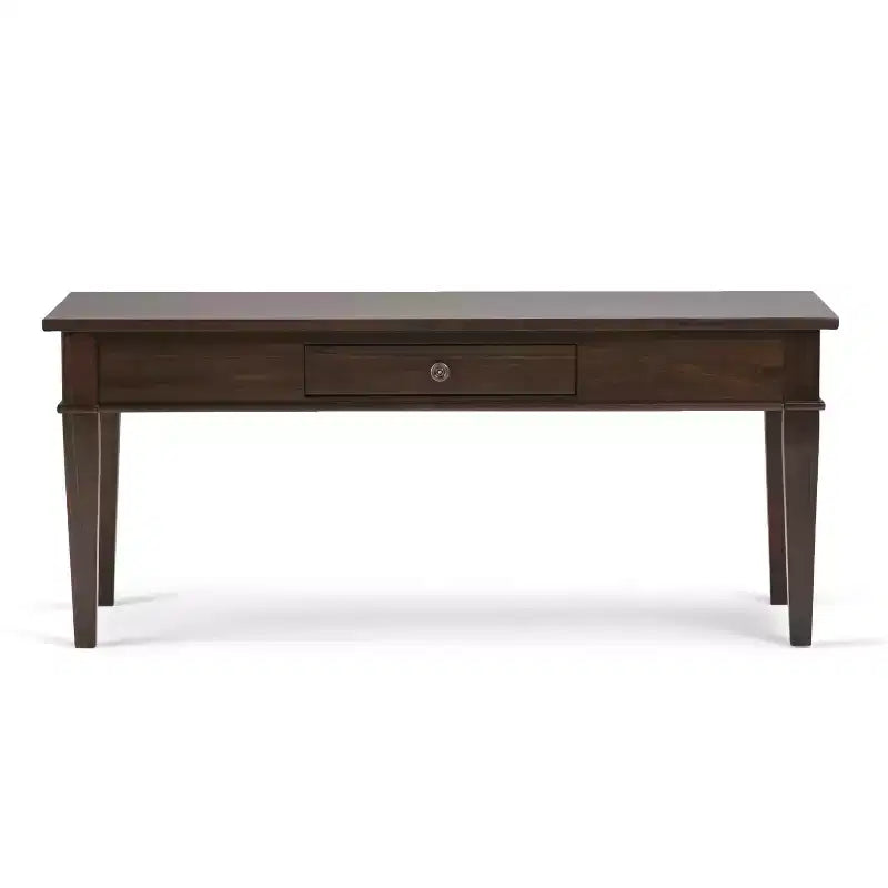 44-Inch Solid Pine Coffee Table with Drawer and Tapered Legs – Dark Tobacco
