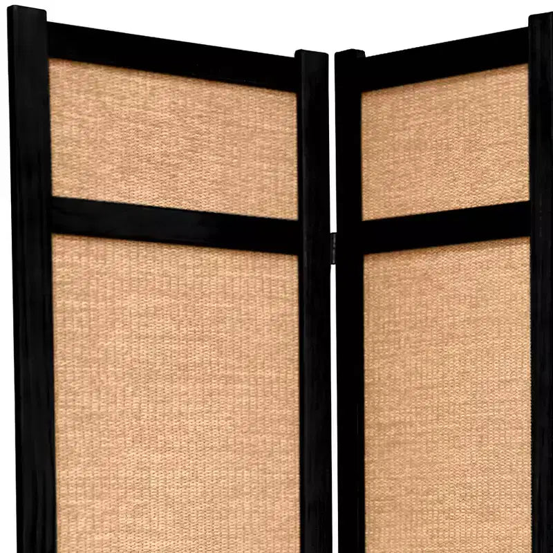4-Panel Jute Shoji Screen Folding Privacy Divider – Black, 6 ft Tall