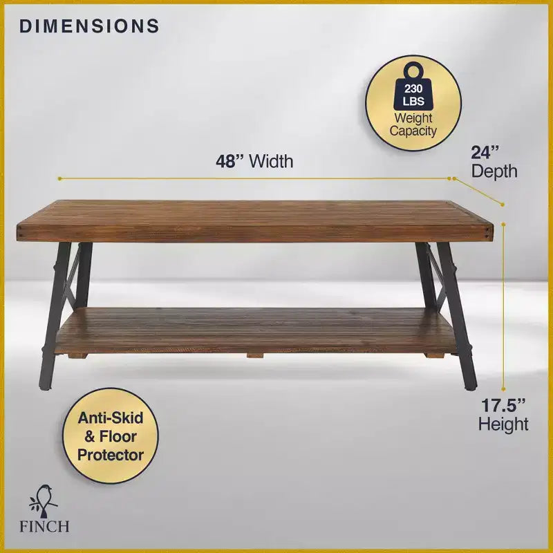 48-Inch Solid Wood and Metal 2-Tier Coffee Table – Rustic Farmhouse