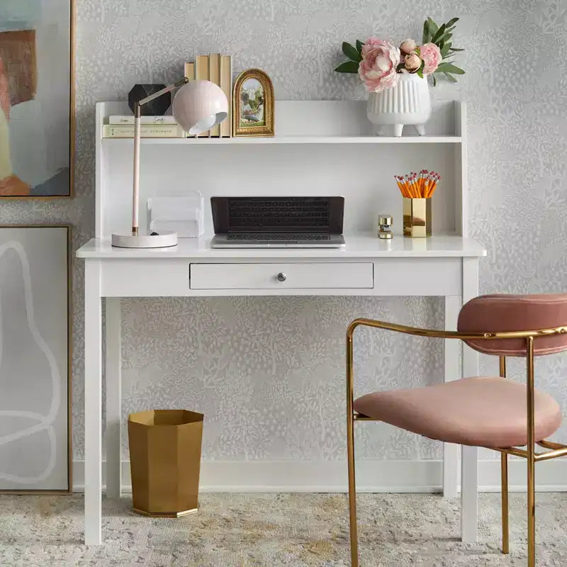 Compact White Desk with Hutch Storage