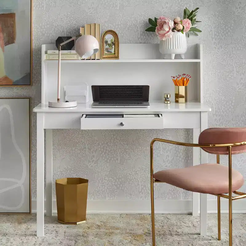 Compact White Desk with Hutch Storage