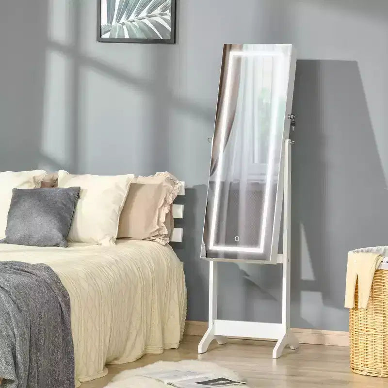 Floor Standing Jewelry Cabinet with LED Light and Full-Length Mirror