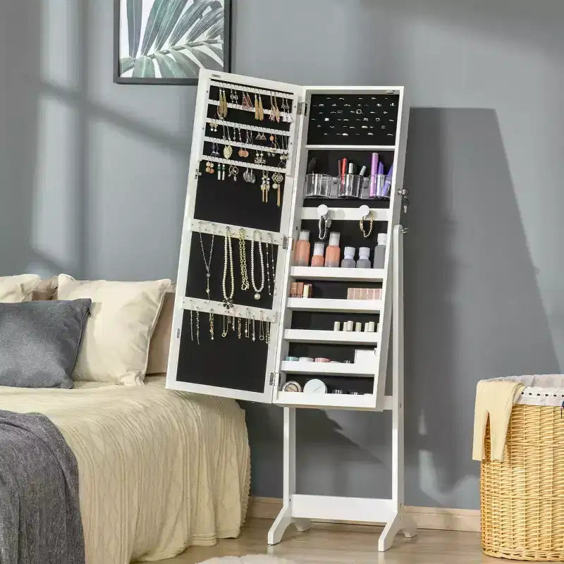 Floor Standing Jewelry Cabinet with LED Light and Full-Length Mirror