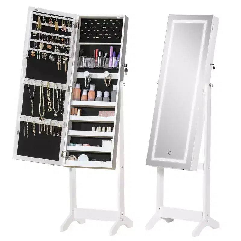 Floor Standing Jewelry Cabinet with LED Light and Full-Length Mirror