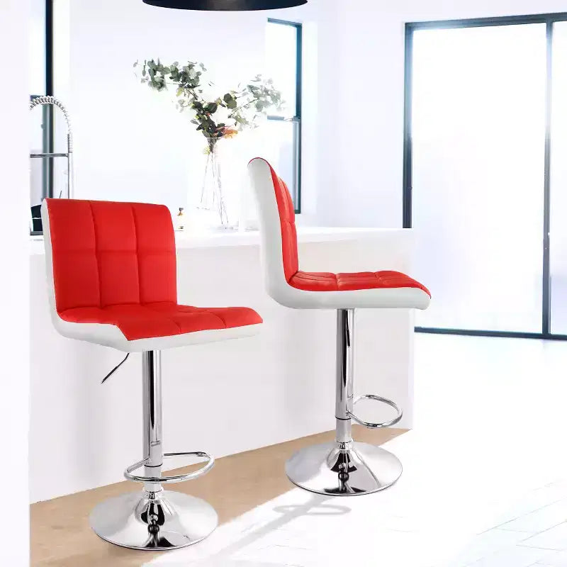Set of 2 Adjustable Height Faux Leather Tufted Bar Stools with Swivel