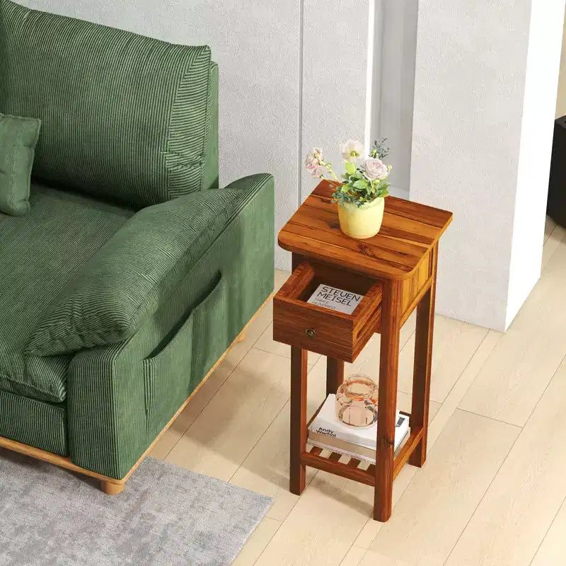Set of 2 Acacia Wood Side Tables with Drawer and Open Shelf