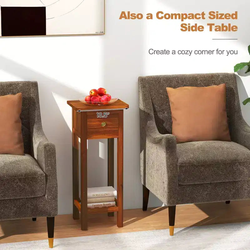 Set of 2 Acacia Wood Side Tables with Drawer and Open Shelf