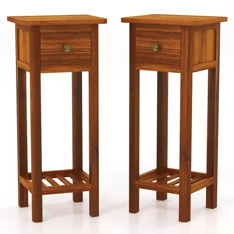 Set of 2 Acacia Wood Side Tables with Drawer and Open Shelf