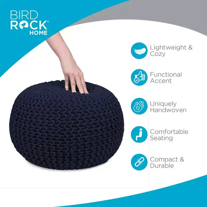Round Hand-Knitted Cotton Pouf Ottoman – Navy