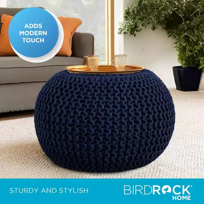 Round Hand-Knitted Cotton Pouf Ottoman – Navy