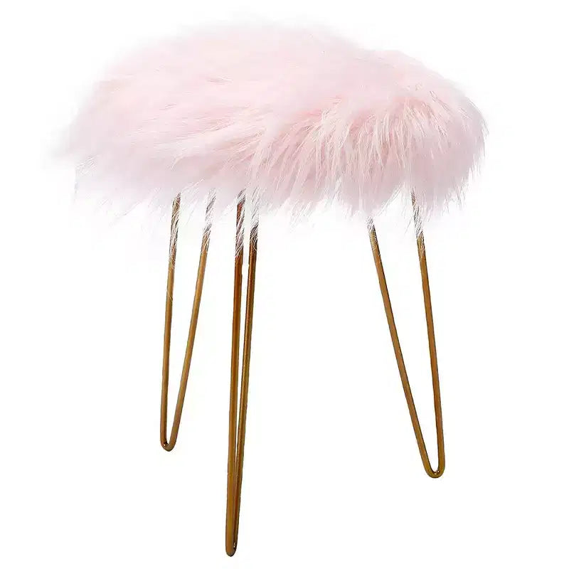 Round Faux Fur Ottoman Footstool – Pink with Gold Hairpin Legs