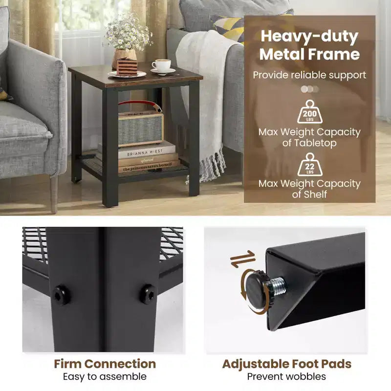 Set of 2 Industrial 2-Tier End Tables with Storage Shelf – Black