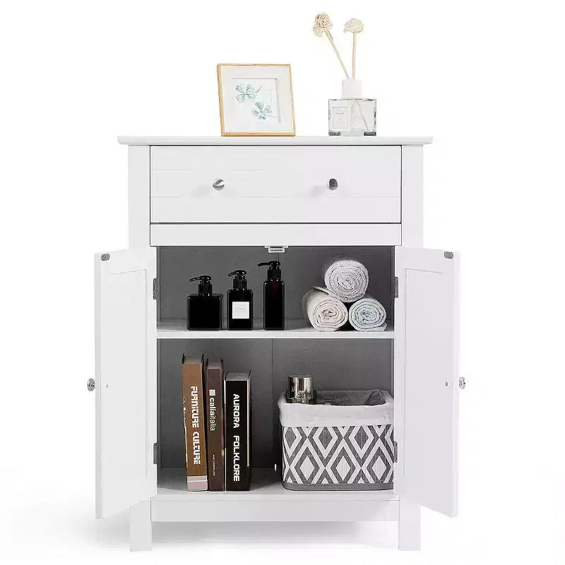 White Bathroom Storage Cabinet with Drawer and Adjustable Shelf