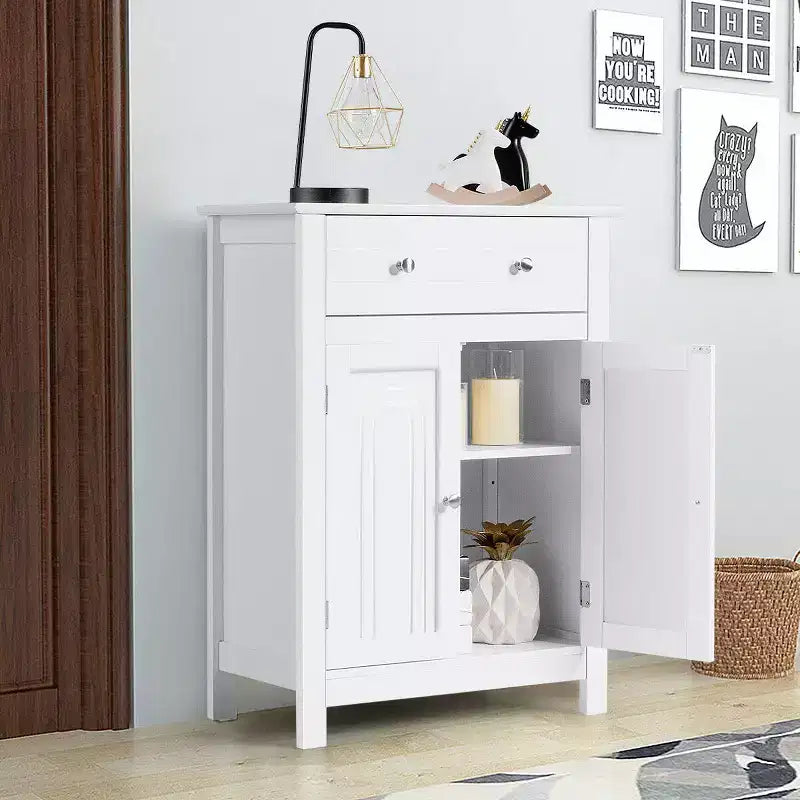 White Bathroom Storage Cabinet with Drawer and Adjustable Shelf