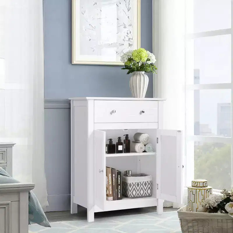 White Bathroom Storage Cabinet with Drawer and Adjustable Shelf