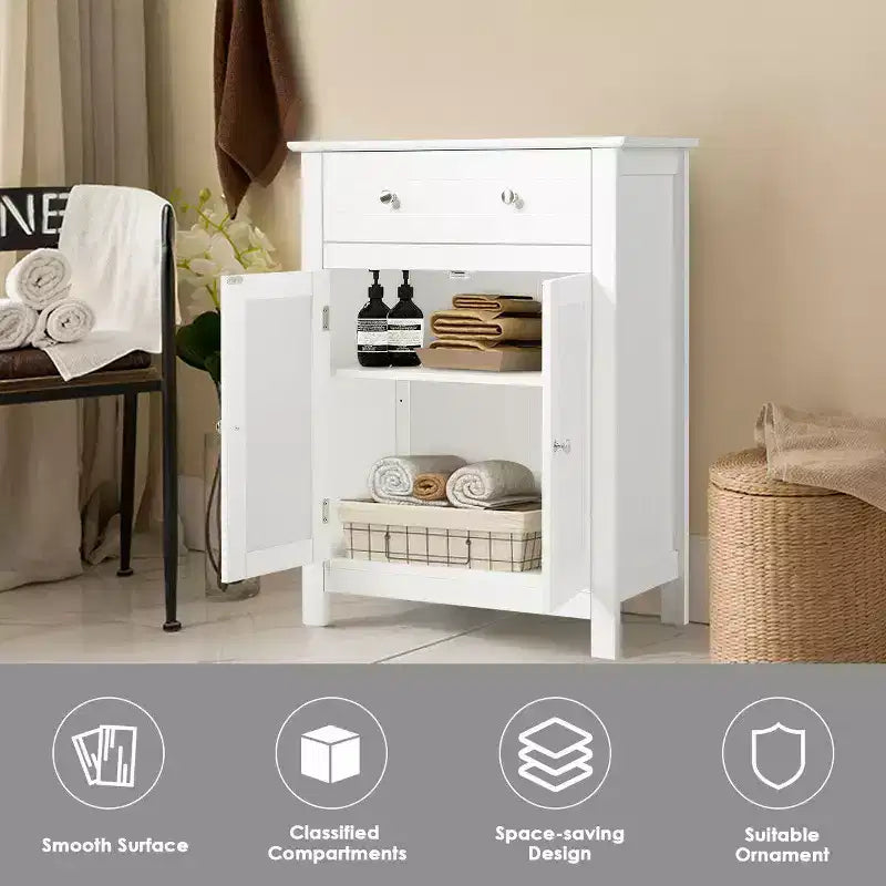 White Bathroom Storage Cabinet with Drawer and Adjustable Shelf