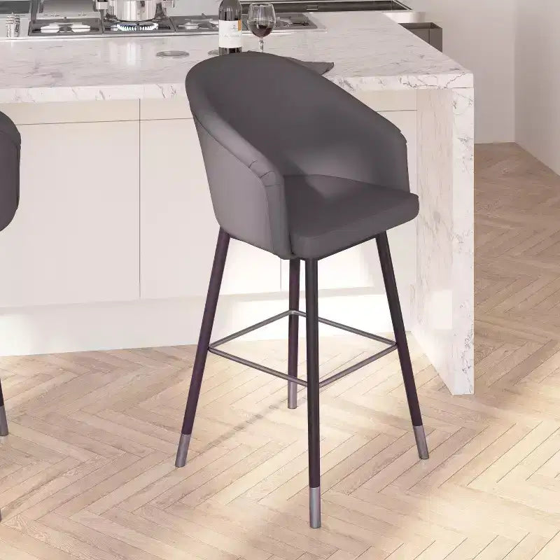 Bar Height Stool with Arms, Padded Faux Leather Seat and Wood Frame