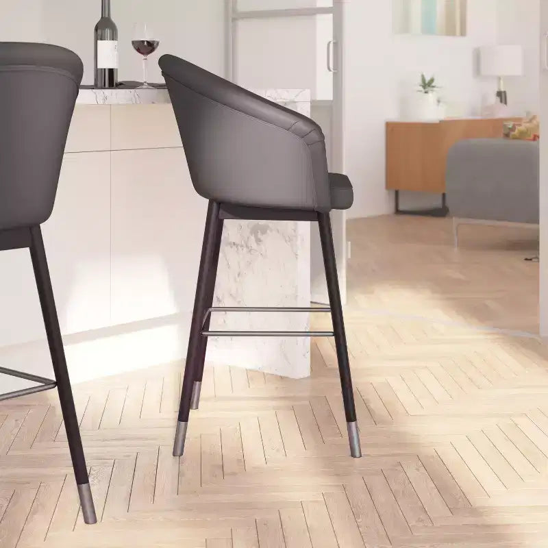 Bar Height Stool with Arms, Padded Faux Leather Seat and Wood Frame