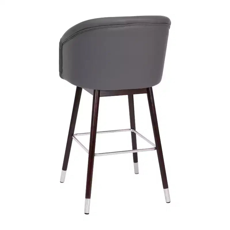 Bar Height Stool with Arms, Padded Faux Leather Seat and Wood Frame