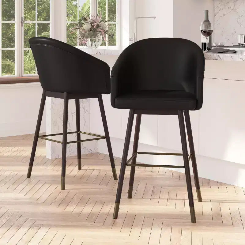 Bar Height Stool with Arms, Padded Faux Leather Seat and Wood Frame