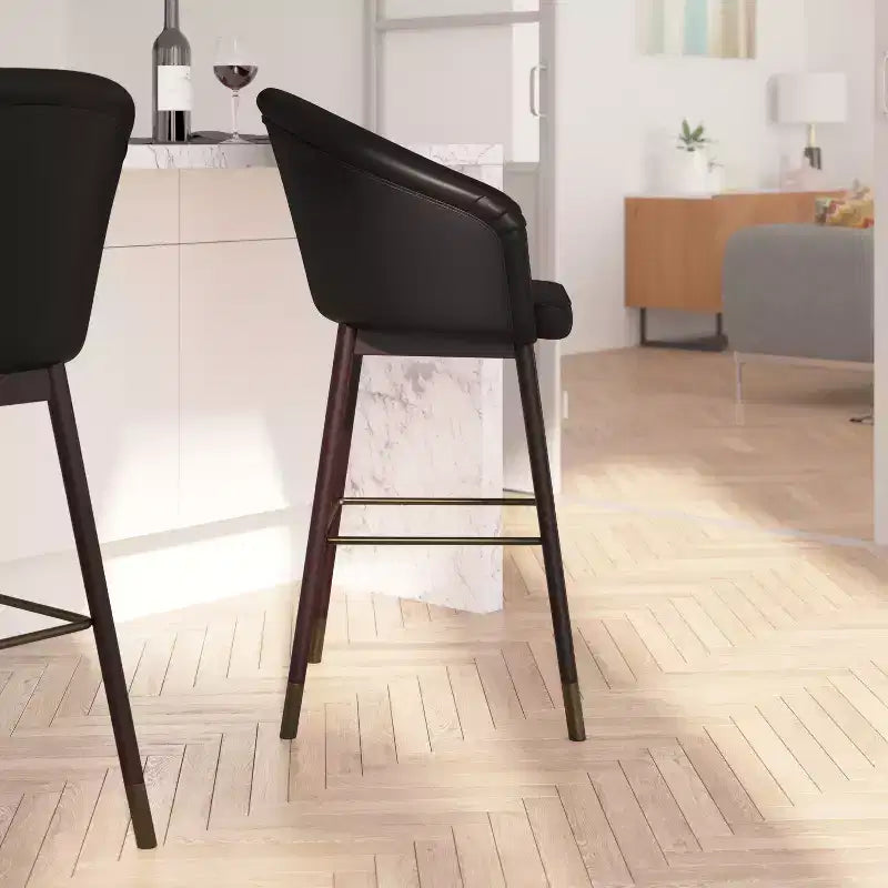 Bar Height Stool with Arms, Padded Faux Leather Seat and Wood Frame