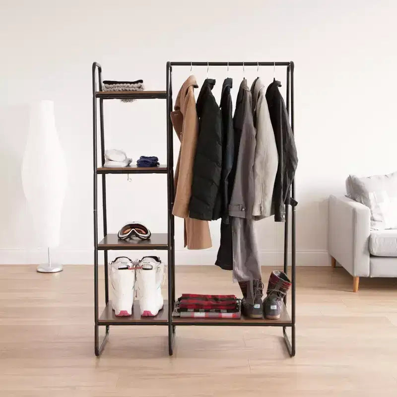Metal Garment Rack with Wood Bottom Shelf for Hanging Clothes